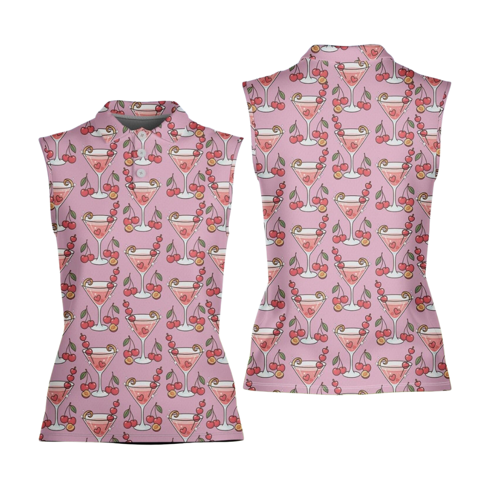 Womens Chery Martini Sleevelss Golf Shirt, Cocktail Lover Golf Shirts For Ladies GE0562