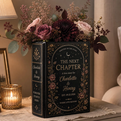 Personalized The Next Chapter Gothic Wedding Ceramic Book Vase, Custom Wedding Engagement Gothic Book Vase WD0605