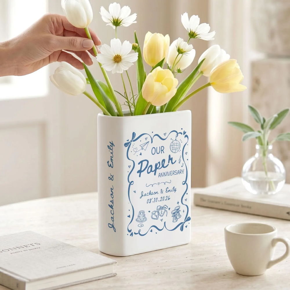 Our Paper Anniversary Custom Ceramic Book Vase For Couple, Custom First Wedding Anniversary Book Vase WD0643