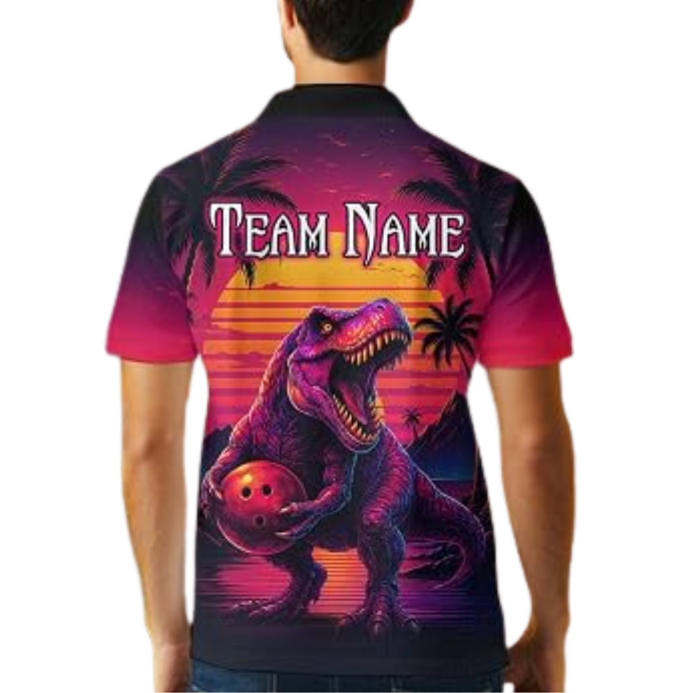 Dinosaur Sunset Custom Bowling Polo Shirt For Men, Custom Dinosaur Bowling Team Shirt BZ0879
