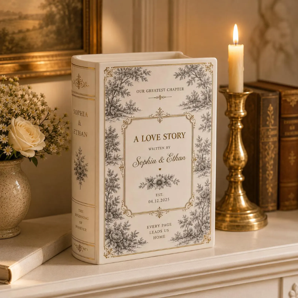 Custom Wedding Toile De Jouy Ceramic Book Vase, Custom Wedding Engagement Book Vase WD0603