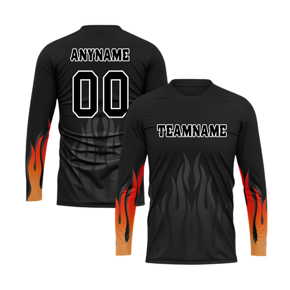 Custom Flame Black Motocross Long Sleeve Jersey For Men, Custom Flame Dirt Bike Team Shirts MZ0122
