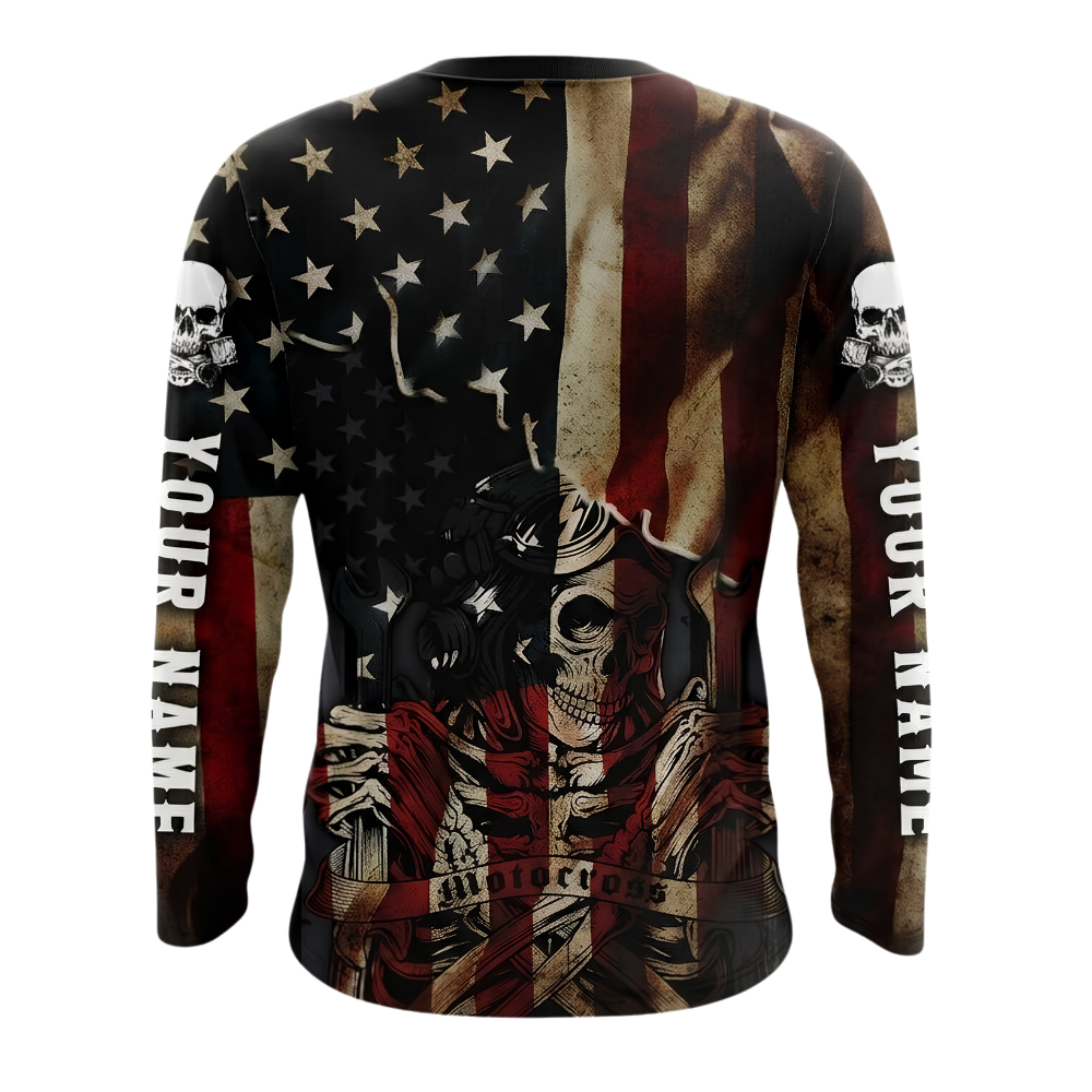 Custom Name USA Flag Skull Men's Dirt Bike Long Sleeve Jersey, Custom Patriotic Dirt Bike Shirts MZ0136