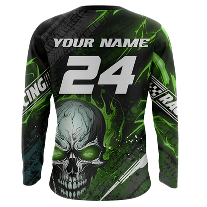 Custom Skull Rider Men's Green Black Dirt Bike Long Sleeve Racing Jersey, Custom Skull Dirt Bike Shirts MZ0140