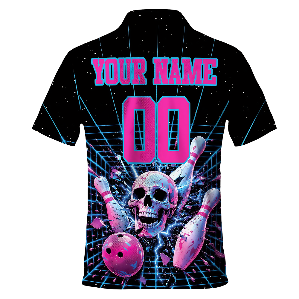 Custom Skull Bowling Mens Polo Shirt Black Pink, Custom SKull Bowling Team Shirts BE0248