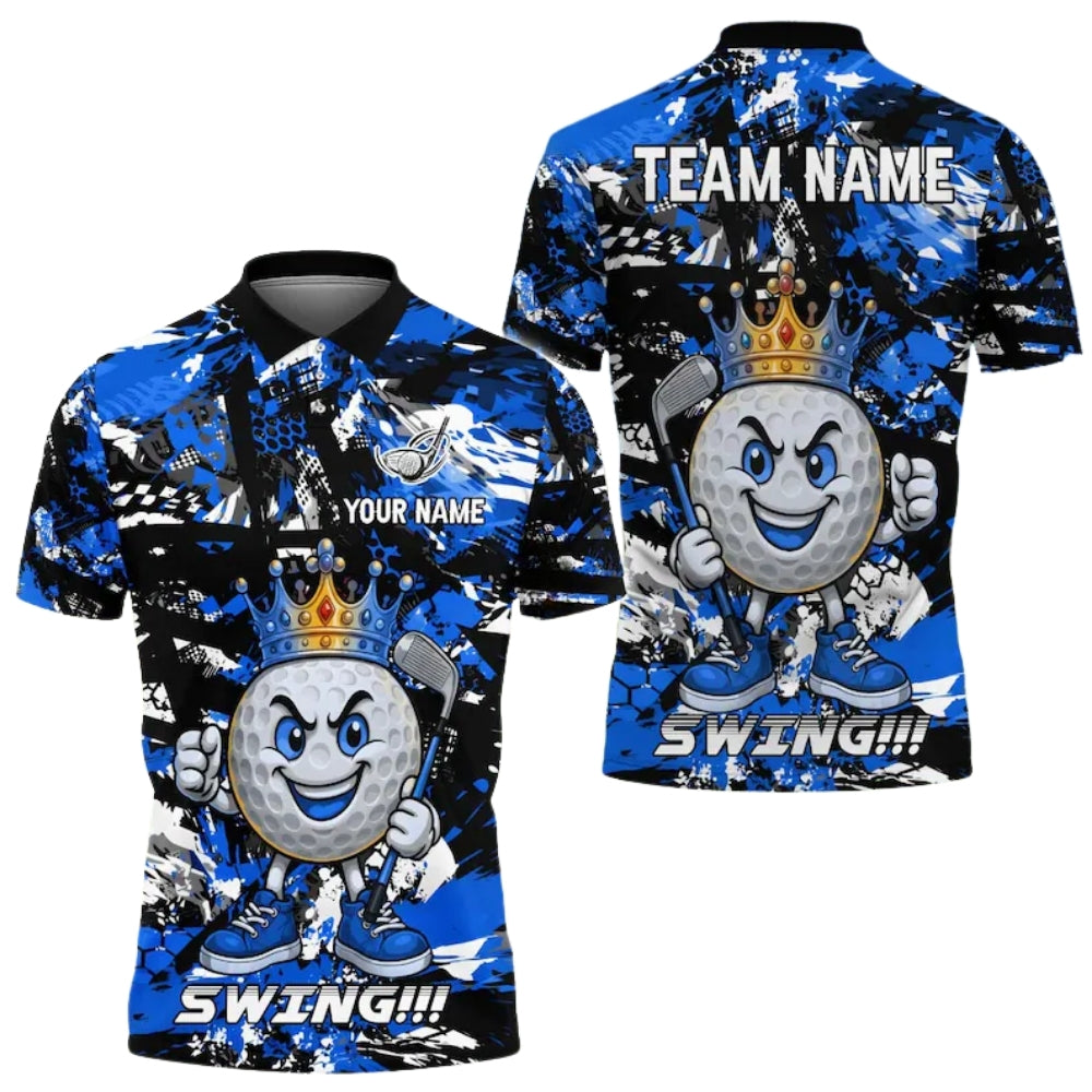 King Ball Custom Graffiti Blue Golf Polo Shirt Men, Custom Team Golf Shirts GE0381