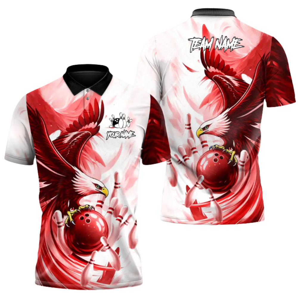 Custom Eagle Red Bowling Polo Shirt For Men, Custom Eagle Bowling Team Shirt BZ0936