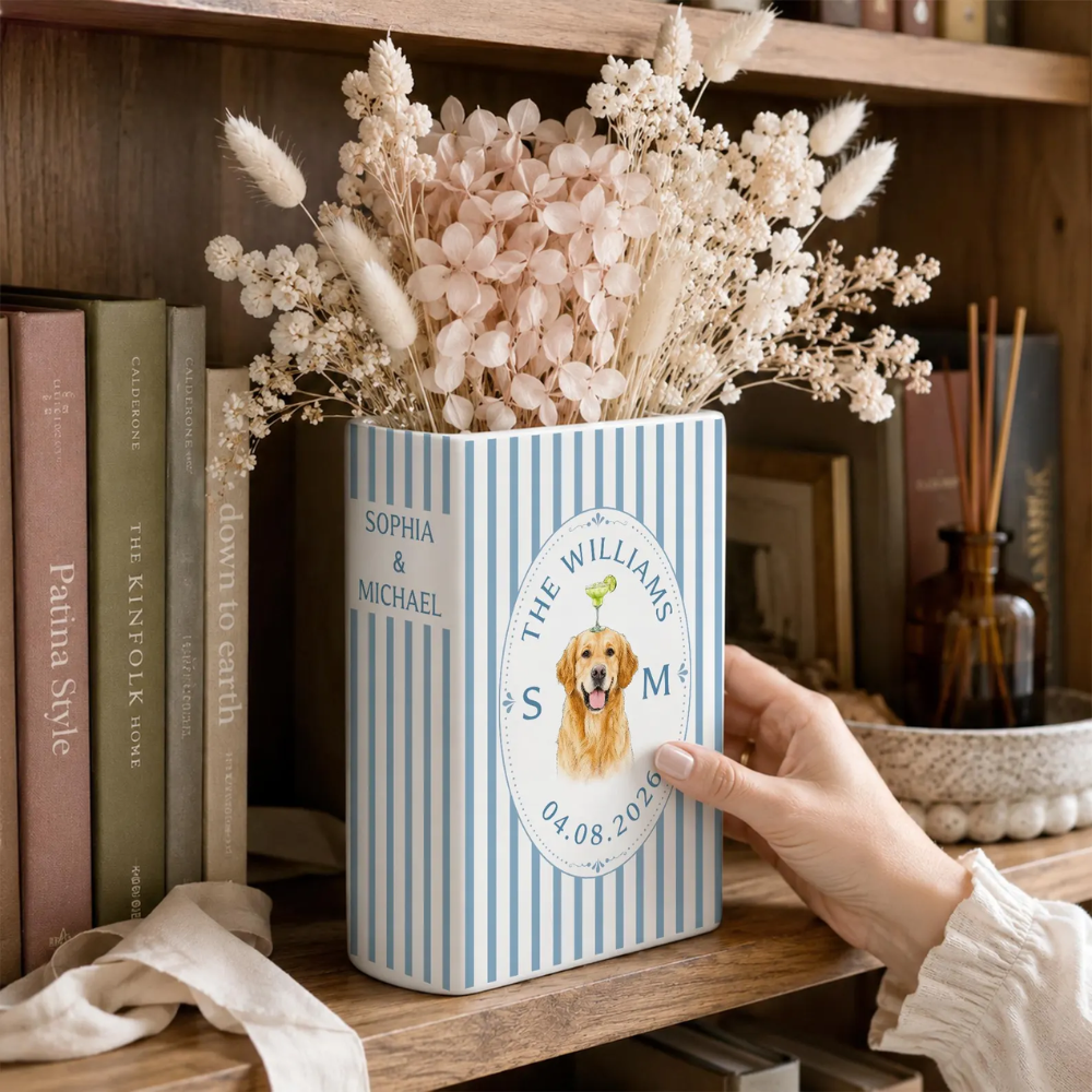 Custom Dog Photo Wedding Striped Ceramic Book Vase, Custom Wedding Book Vase With Pet Picture WD0626