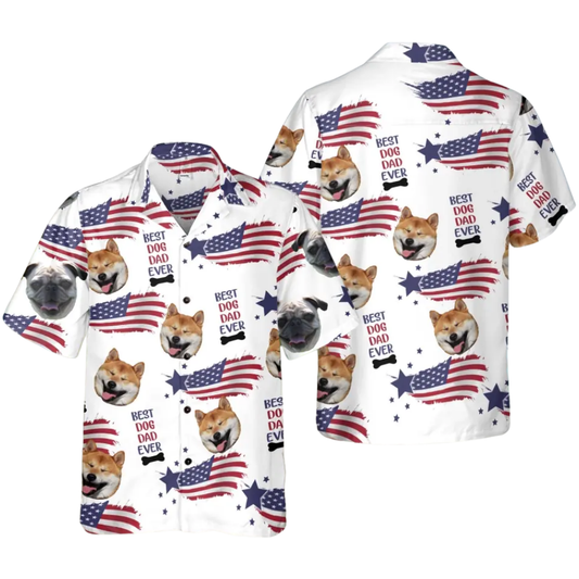 Best Dog Dad Ever Custom Dog Face USA Flag Hawaiian Shirt, Custom Pet Photo Hawaiian Shirt For Dad HE0520
