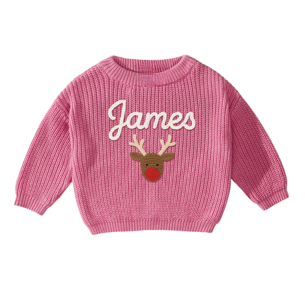 Custom Name Christmas Reindeer Embroider Knit Baby Sweater, Custom Christmas Baby Knit Sweatshirt BB0123