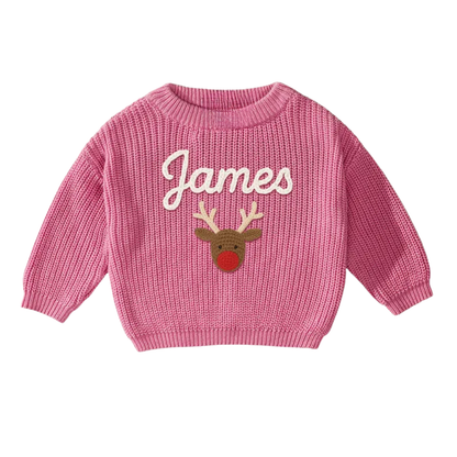 Custom Name Christmas Reindeer Embroider Knit Baby Sweater, Custom Christmas Baby Knit Sweatshirt BB0123