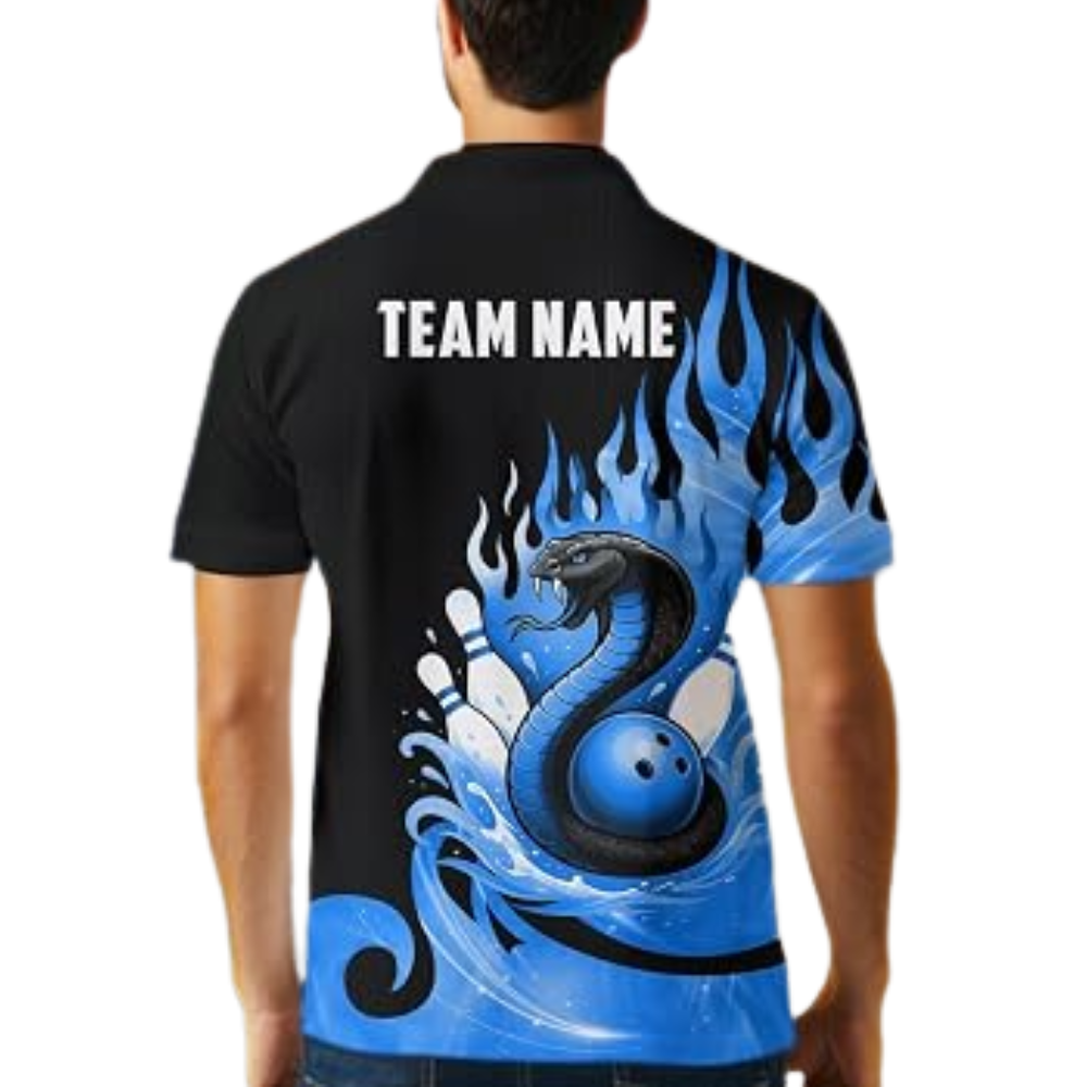 Custom Snake Blue Flame Bowling Polo Shirt For Men, Custom Snake Team Bowling Shirt BZ0898