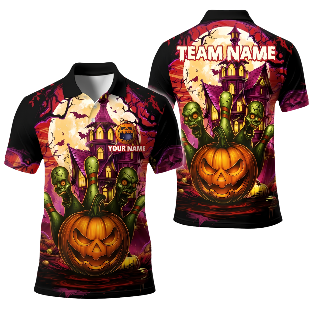 Custom Skull Pumpkin Bowling Polo Shirt For Men, Custom Halloween Bowling Team Shirt BE0249