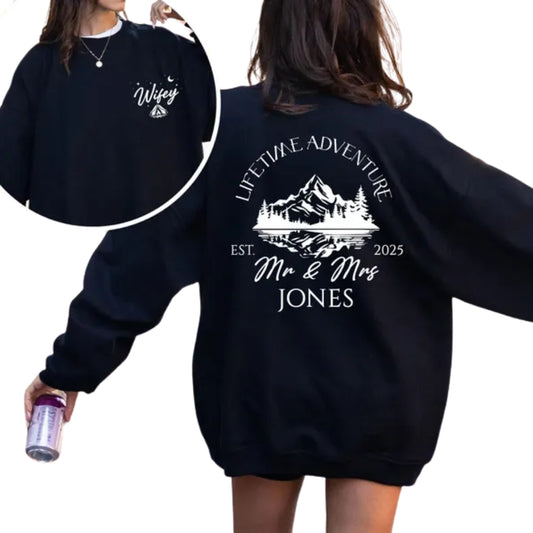 Custom Lifetime Adventure Mr & Mrs Sweatshirt, Custom Newly Married Matching Couple Sweatshirt 2D0848