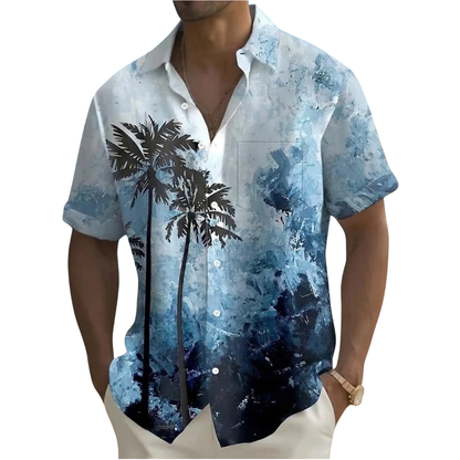 Bamboo Blue White Pocket Hawaiian Shirts For Men, Tropical Hawaiian Shirts HE0387