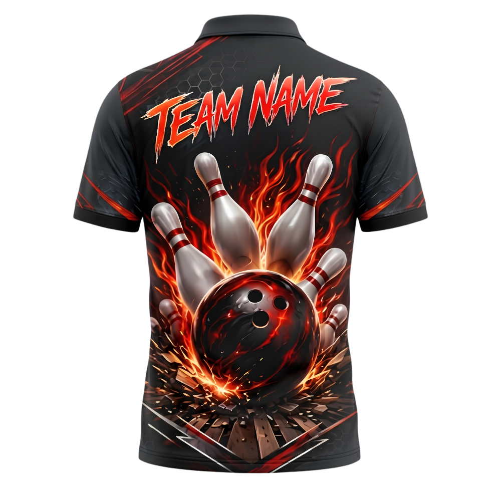 Custom Red Flaming Ball Bowling Polo Shirt For Men, Custom Flame Bowling Team Shirts BZ0916