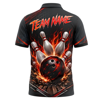 Custom Red Flaming Ball Bowling Polo Shirt For Men, Custom Flame Bowling Team Shirts BZ0916