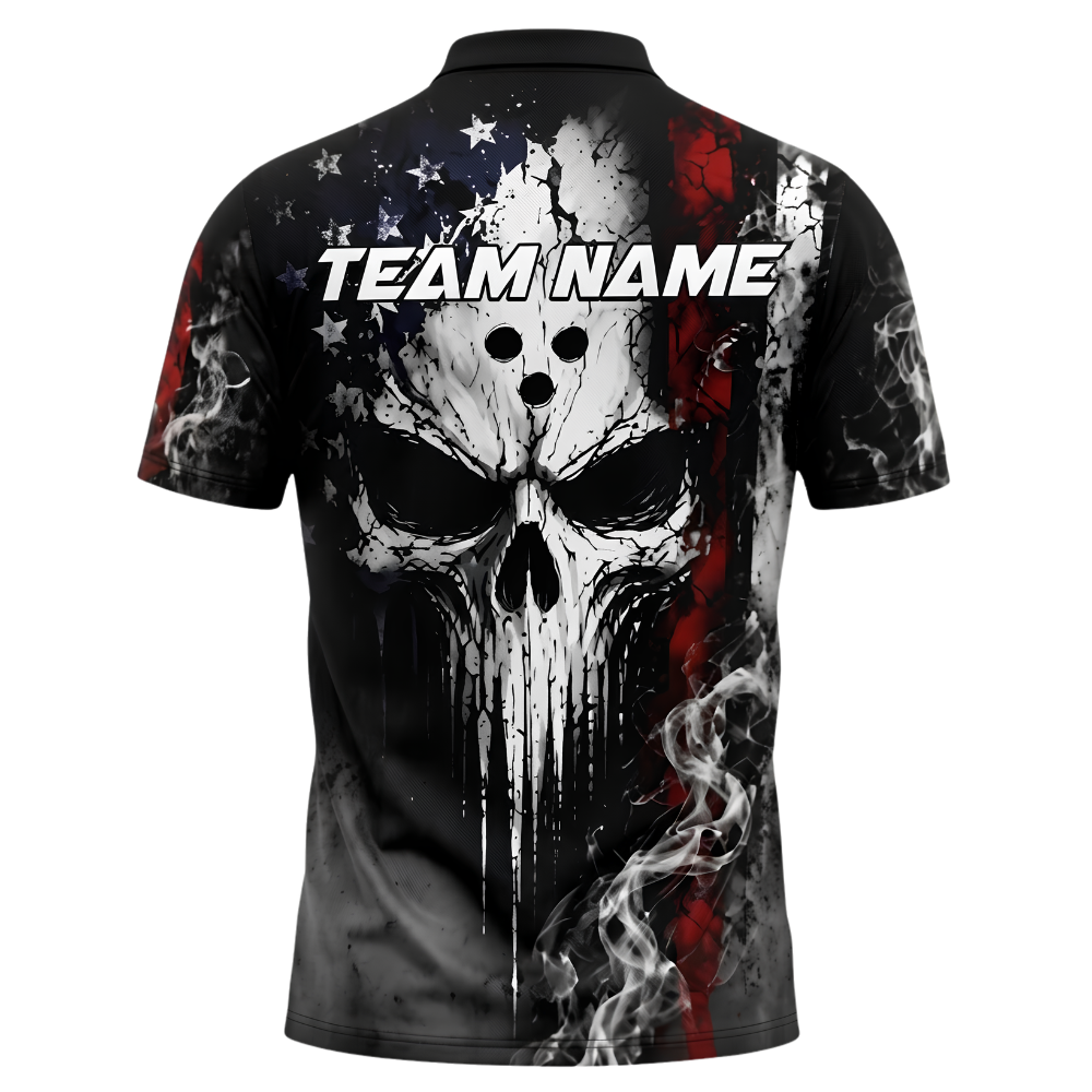 Custom Skull USA Flag Grunge Bowling Polo Shirt Men, Custom Skull Bowling Team Shirt BZ0998