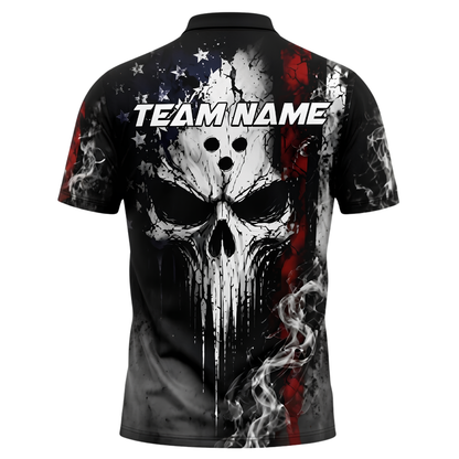Custom Skull USA Flag Grunge Bowling Polo Shirt Men, Custom Skull Bowling Team Shirt BZ0998