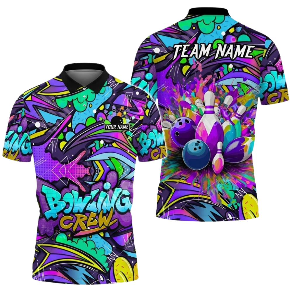 Custom Team Colorful Graffiti Bowling Crew Polo Shirt Mens, Custom Graffiti Bowling Team Shirts BZ0857