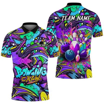 Custom Team Colorful Graffiti Bowling Crew Polo Shirt Mens, Custom Graffiti Bowling Team Shirts BZ0857