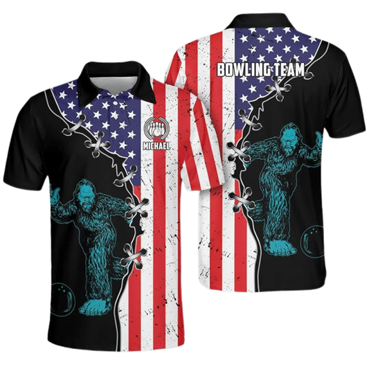 Custom Bigfoot American Flag Bowling Polo Shirt For Men, Custom Sasquatch Bowling Team Shirts BZ0784