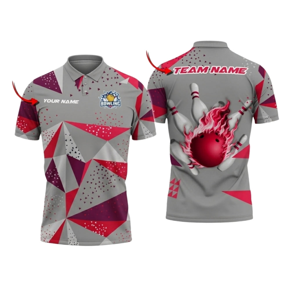 Custom Team White Red Geometric Bowling Polo Shirt Men, Custom Bowling Team Shirts BZ0732