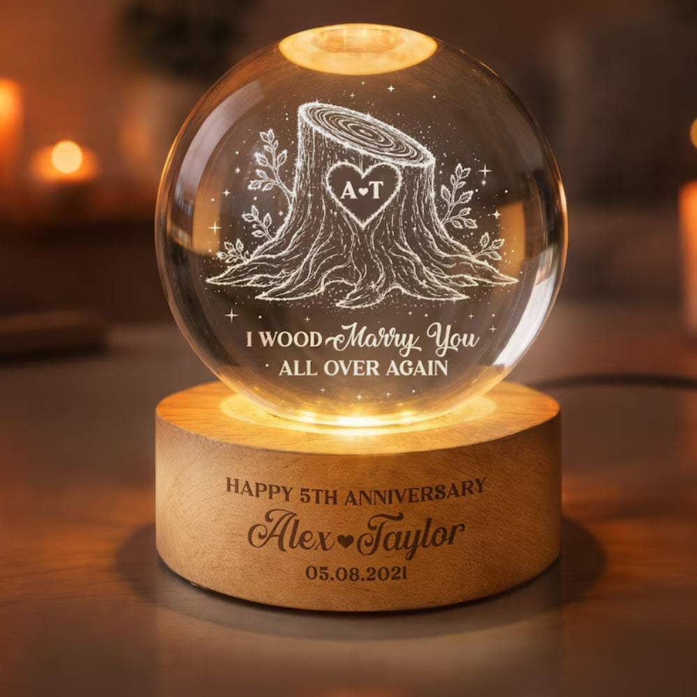 Custom 5th Wedding Anniversary Crystal Led Night Light I Wood Marry You All Over Again, Custom Wood Anniversary Night Light For Couple WD0831