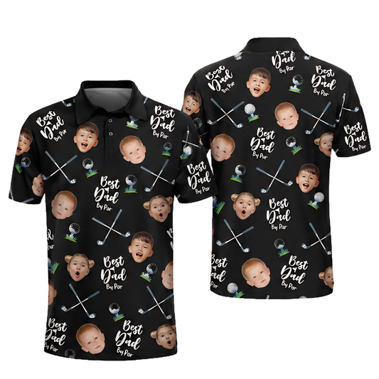 Best Dad By Par Custom Kids Face Golf Polo Shirt Men, Custom Photo Father's Day Golf Shirts GE0436