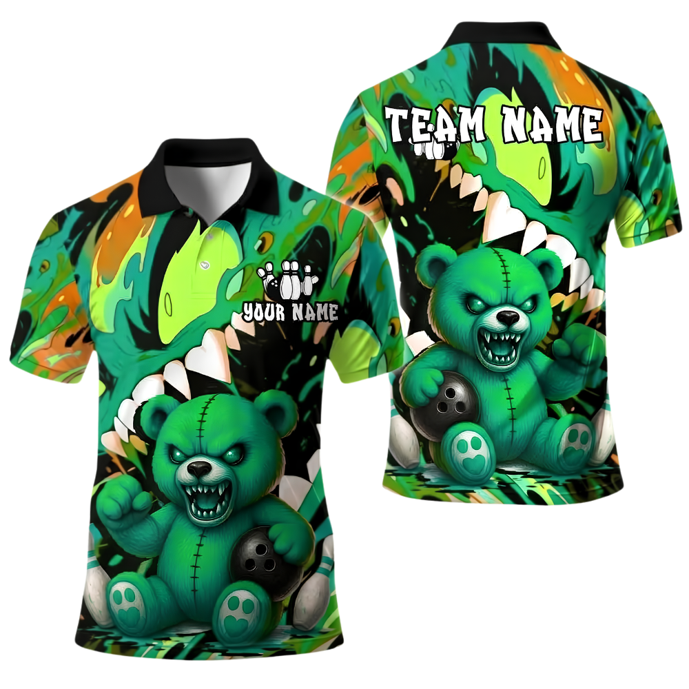 Custom Angry Teddy Bear Mens Bowling Polo Shirt, Custom Bear Team Bowling Shirt BE0262