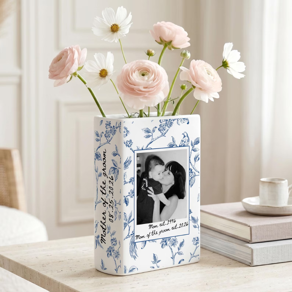 Custom Photo Mother of The Groom Toile De Jouy Ceramic Book Vase, Custom Wedding Book Vase For Mother Of The Groom WD0634