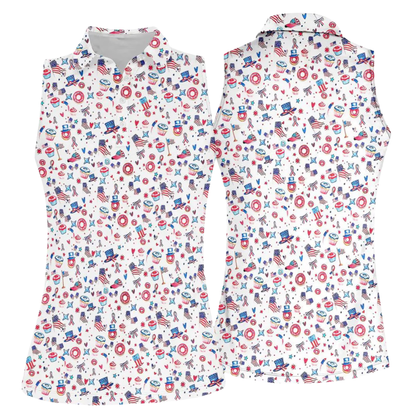 Women's USA Flag White Red Blue Sleeveless Golf Shirt, Independence Day Golf Shirt Ladies GE0545