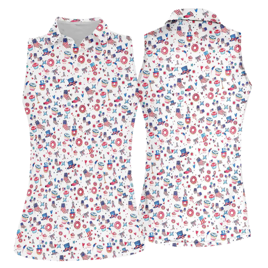 Women's USA Flag White Red Blue Sleeveless Golf Shirt, Independence Day Golf Shirt Ladies GE0545