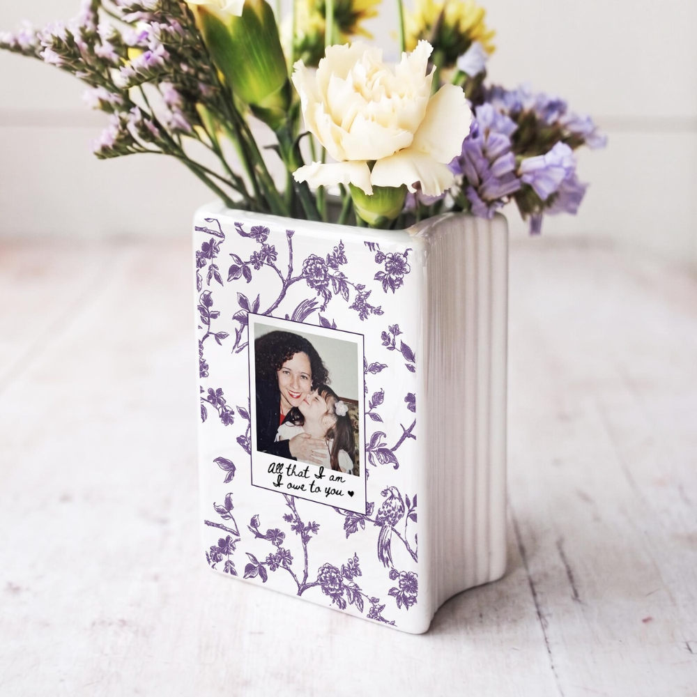 Personalized Toile de Jouy Photo Wedding Ceramic Book Vase For Mom, Custom Mother Of The Bride Groom Book Vase WD0638