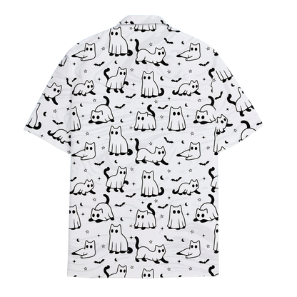 Ghost Cat Funny Hawaiian Shirt White Black, Cat Lover Halloween Hawaiian Shirt HE0813