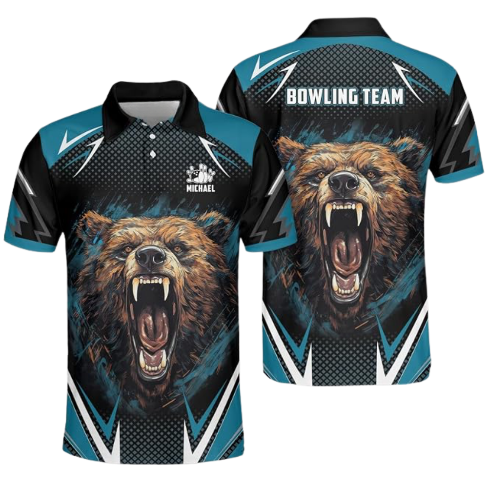 Custom Angry Bear Bowling Polo Shirt For Men, Custom Bear Bowling Team Shirt BZ0786
