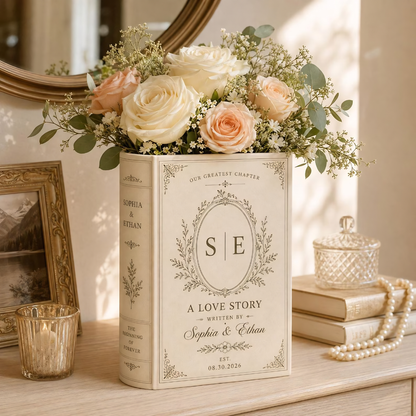 A Love Story Custom Couple Name Initials Wedding Ceramic Book Vase, Custom Wedding Engagement Anniversary Book Vase WD0614