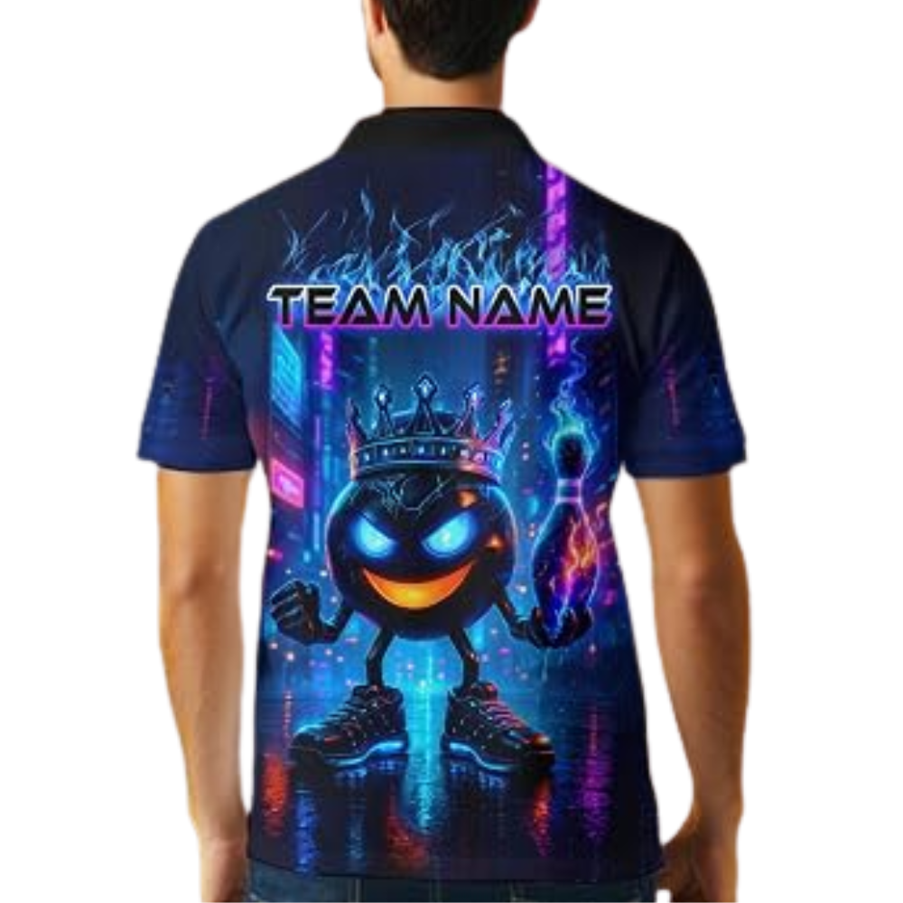 Neon Flame King Ball Custom Mens Bowling Polo Shirt, Custom Flame Bowling Shirts For Team BZ0881