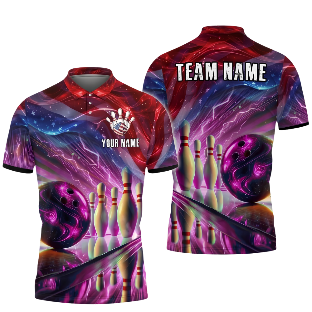 Custom Neon American Flag Bowling Polo Shirt For Men, Custom Patriotic Bowling Team Shirts BZ0906