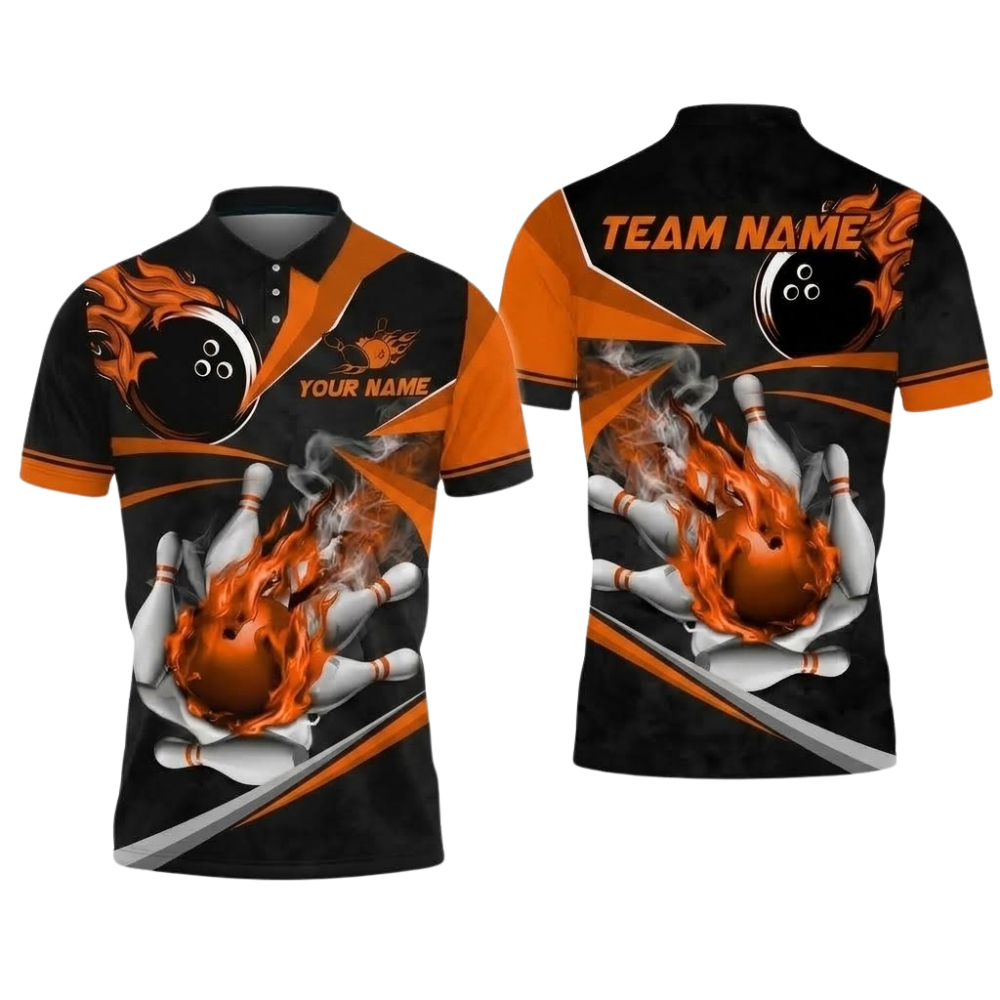 Custom Gold Flaming Ball Bowling Polo Shirt Men, Custom Team Flame Bowling Shirt BZ0897