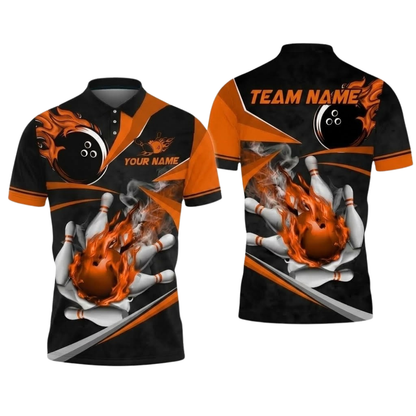 Custom Gold Flaming Ball Bowling Polo Shirt Men, Custom Team Flame Bowling Shirt BZ0897