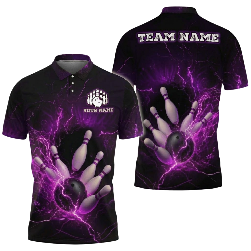 Blue Thunder Custom Mens Bowling Polo Shirt, Custom Thunder Team Bowling Shirts BZ0826