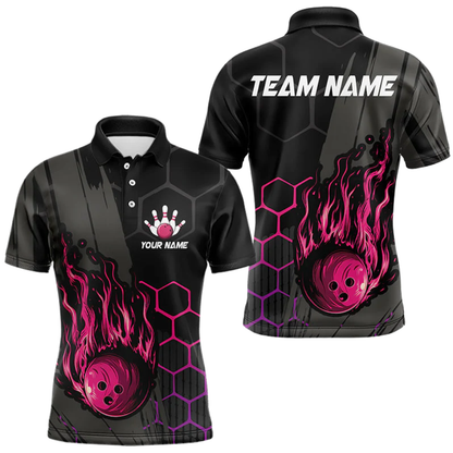 Custom Flame Pink Black Bowling Polo Shirt Mens, Custom Flame Bowling Team Shirts BZ0630