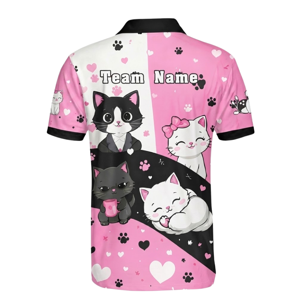 Custom Cat Pink White Bowling Polo Shirt For Men, Custom Cat Team Bowling Shirts BZ0853