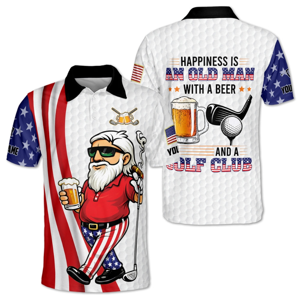Happiness Is An Old Man With A Beer Custom Men's Funny Golf Polo Shirt White, Custom Funny Beer Golf Shirt For 4th Of July GB0017