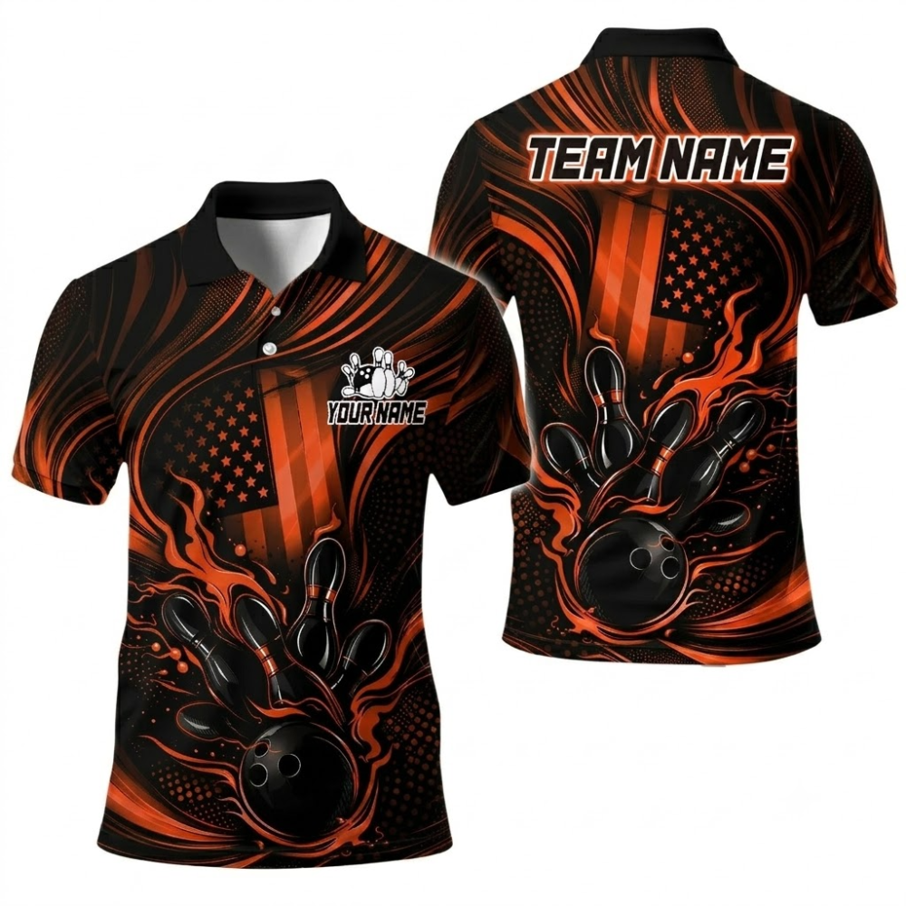 Custom Black And Pink Flame Mens American Flag Bowling Polo Shirt, Custom Flame Bowling Team Shirts BE0220