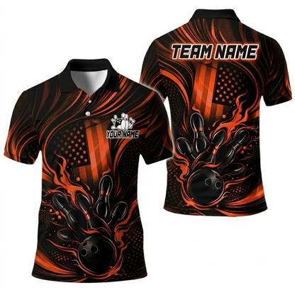 Custom Black And Pink Flame Mens American Flag Bowling Polo Shirt, Custom Flame Bowling Team Shirts BE0220