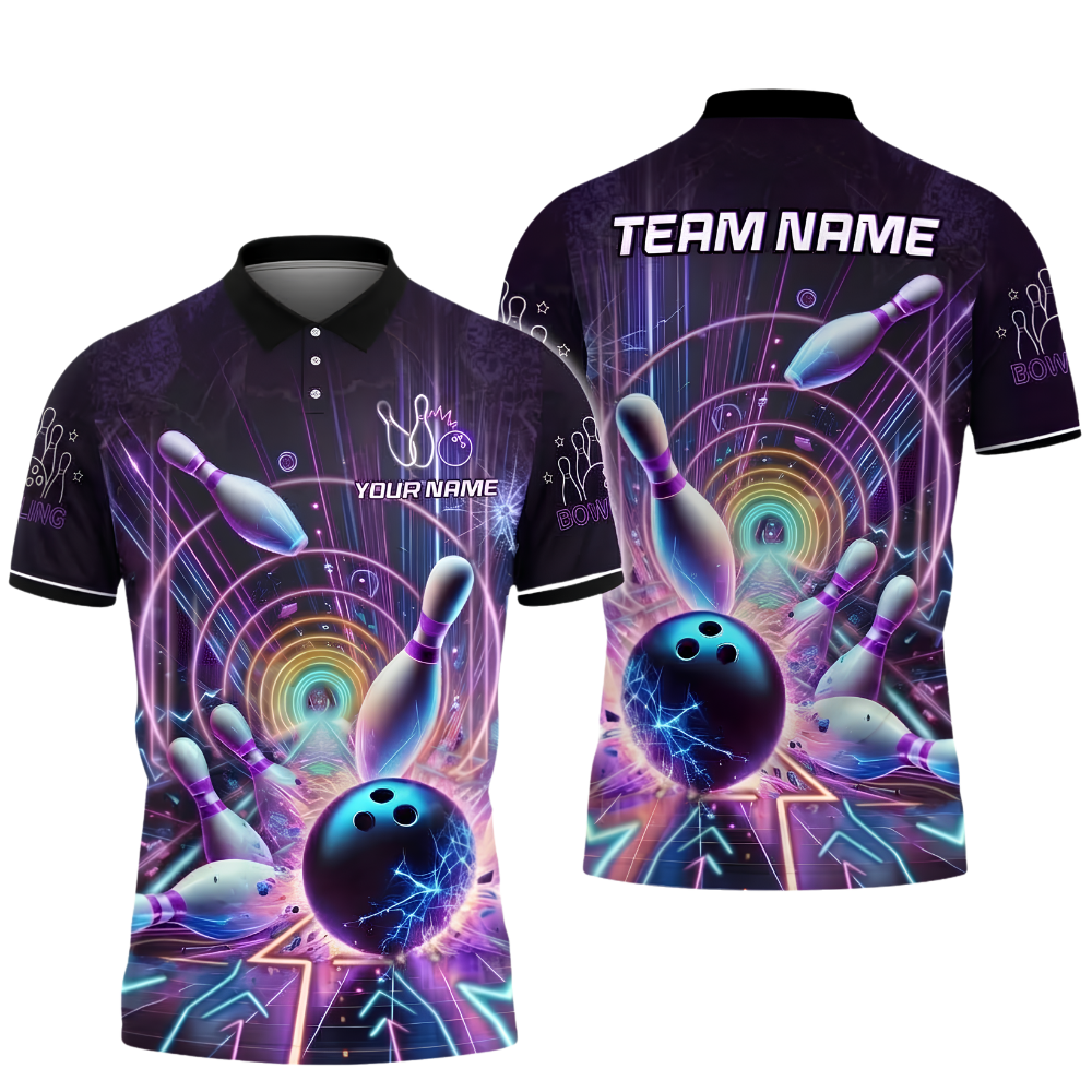 Custom Team Neon Blue Lightning Bowling Polo Shirt For Men, Custom Bowling Team Shirt BZ1015
