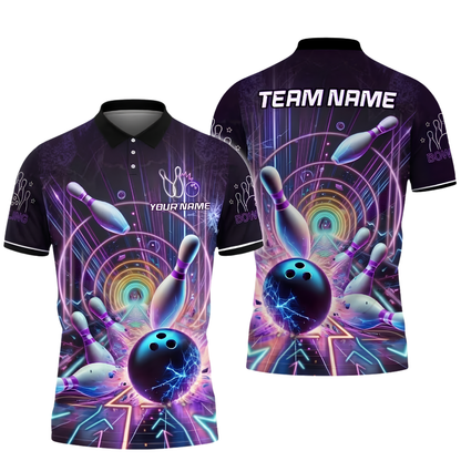 Custom Team Neon Blue Lightning Bowling Polo Shirt For Men, Custom Bowling Team Shirt BZ1015