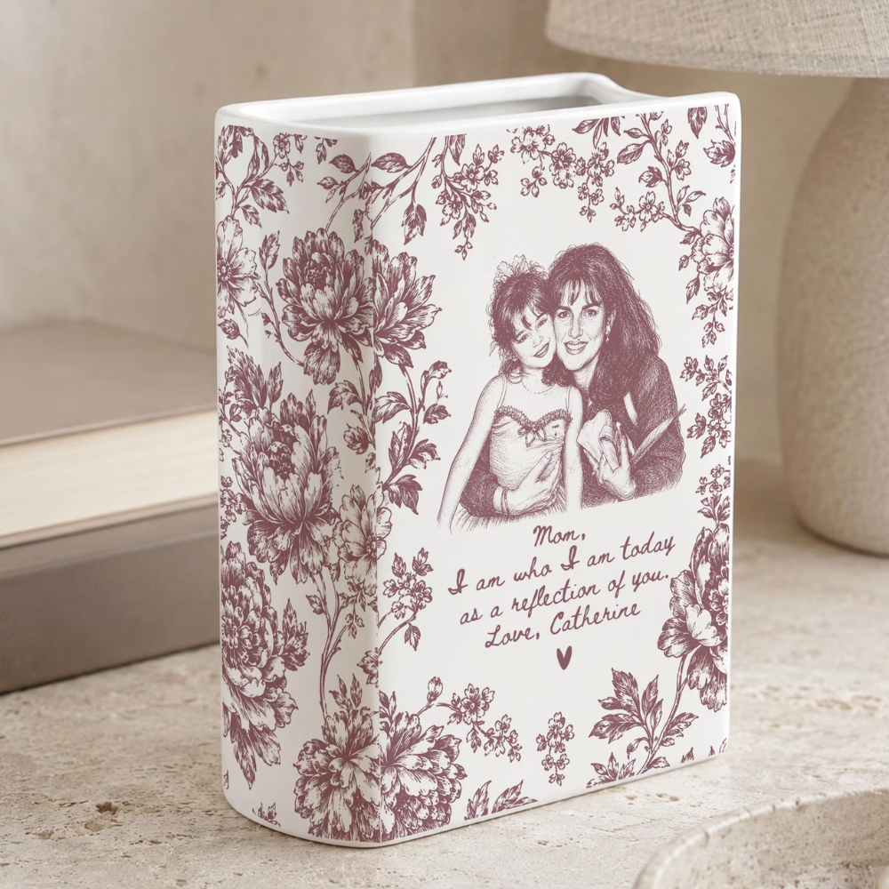 Custom Photo Mother of The Bride Toile de Jouy Ceramic Book Vase, Custom Wedding Book Vase For Mother Of Bride WD0639